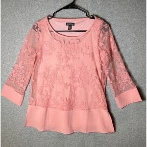 Nina Leonard Blouse XS Sheer Layered Floral Pink 3/4 Sleeve Coquette Barbiecore‎